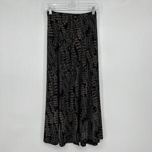Vintage 90s Slinky Maxi Skirt Size L Black Foliage Leafs Button Front Fall Boho